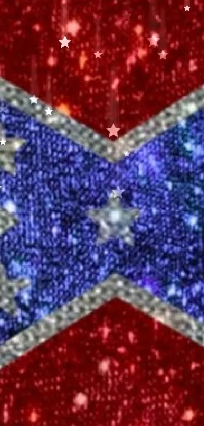 Vibrant glittery Confederate flag with stars and bold colors.