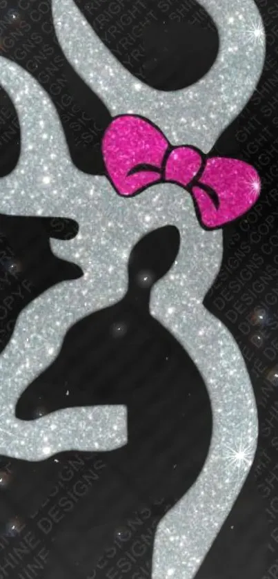 Glitter deer silhouette with pink bow on black background.