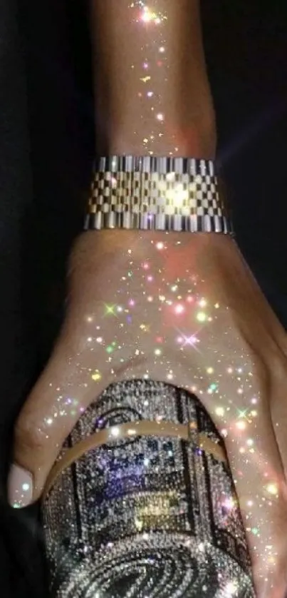 A hand with glitter and a sparkling clutch, showcasing glamour.