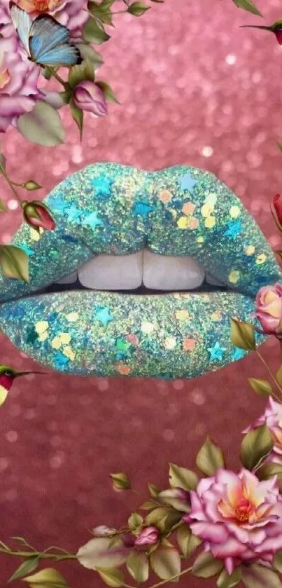 Glittery lips with flowers and hummingbirds on a pink background.