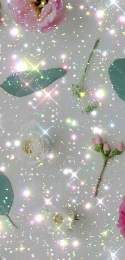 Glittery floral wallpaper with pink flowers and sparkles.