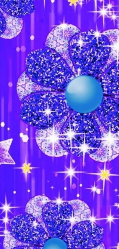 Vibrant glittery floral wallpaper with stars on a purple background.