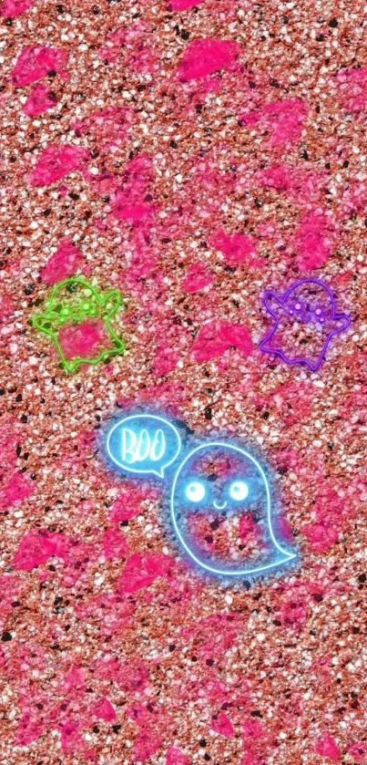 Glittery wallpaper with neon ghost and vibrant colors.