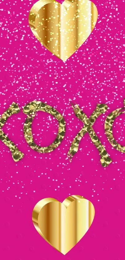 Gold 'xoxo' and hearts on pink glitter wallpaper.