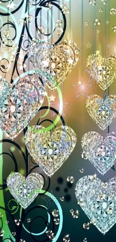 Abstract wallpaper with sparkling hearts and crystal-like designs.