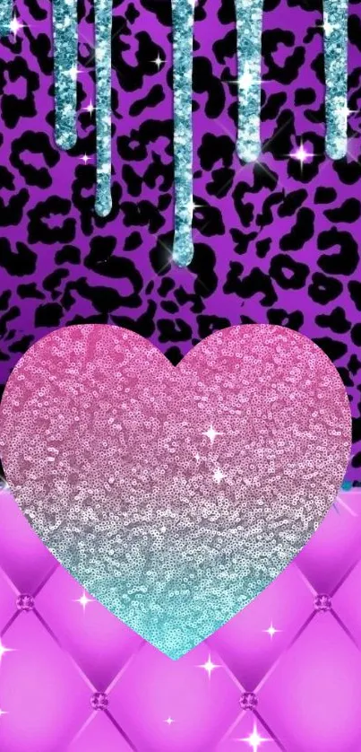 Glitter heart over leopard print wallpaper with purple and pink tones.