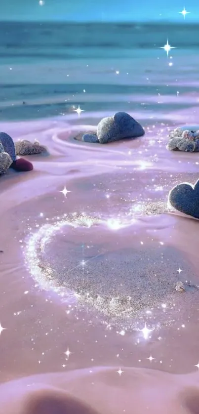 Heart-shaped glitter design on pink sand beach with ocean backdrop.