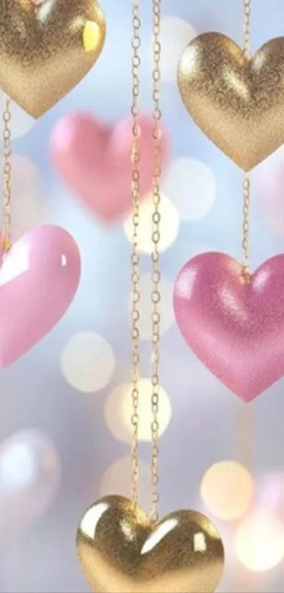 Pink and gold glittery heart chains wallpaper.