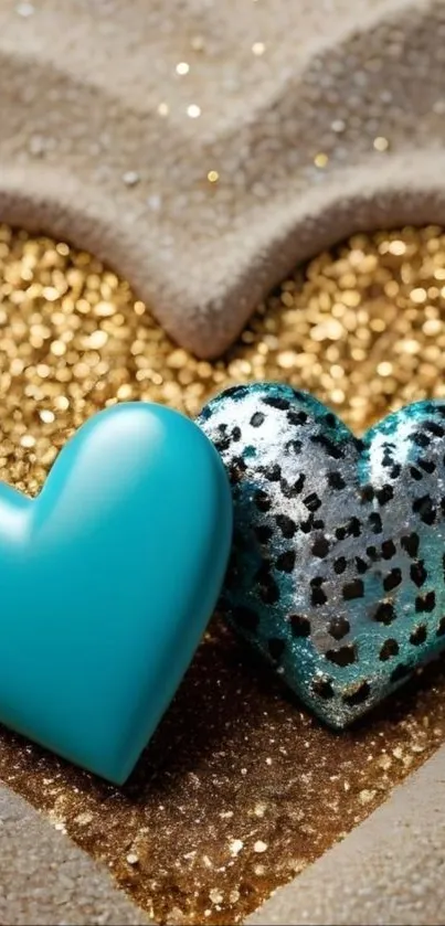 Turquoise and glittery hearts on golden background.