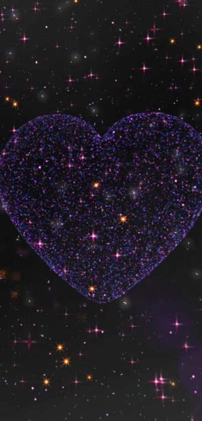 Glittery heart with starry galaxy background on wallpaper.