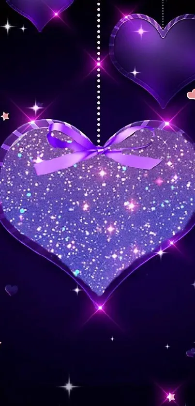 Glittery purple heart mobile wallpaper with stars.