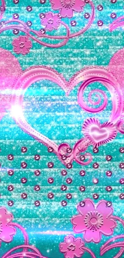 Glittery pink heart with floral details on a turquoise background.