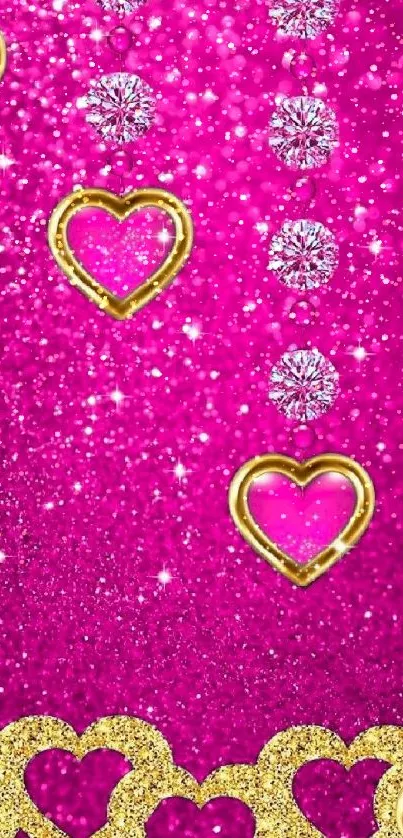 Vibrant pink glitter wallpaper with gold hearts and diamonds.