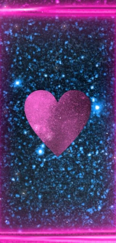 Neon heart and glittery cosmic background wallpaper.