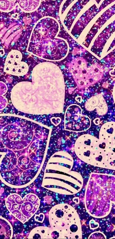 Vibrant glittery hearts pattern wallpaper with pink and purple hues.