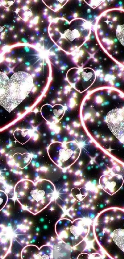 Glittery heart pattern wallpaper with sparkles.