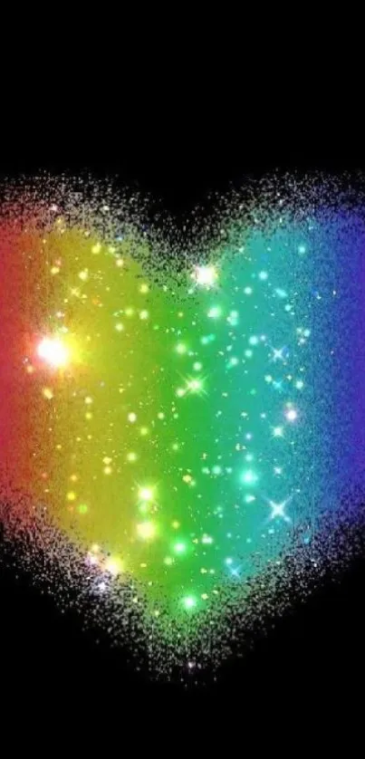 Glittery heart with rainbow colors and sparkles on black background.