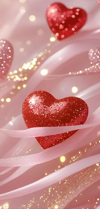 Glittery hearts on pink ribbons wallpaper.