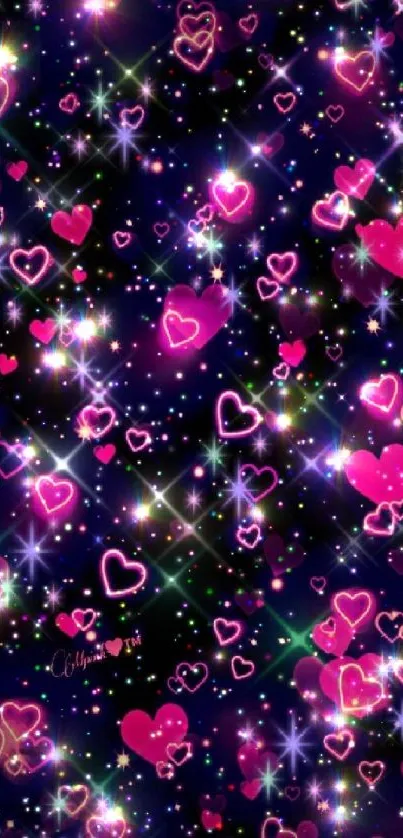 Vibrant wallpaper with pink hearts and stars.