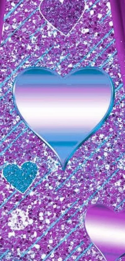 Purple heart pattern wallpaper with glitter and blue highlights.