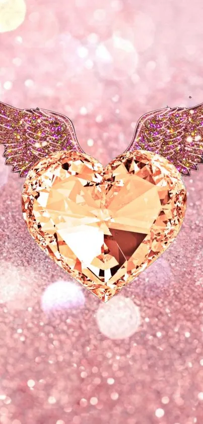 Sparkling heart with wings on pink glitter background.