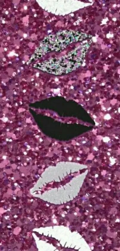 Pink glittery wallpaper with stylish lip prints.