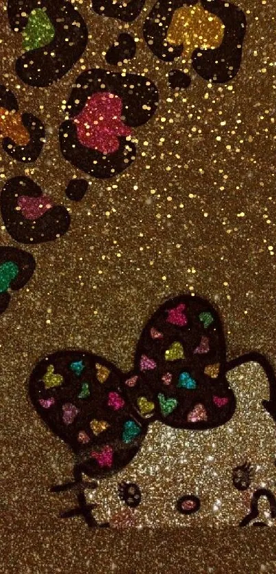 Glittery cat wallpaper with leopard print and colorful bow design.