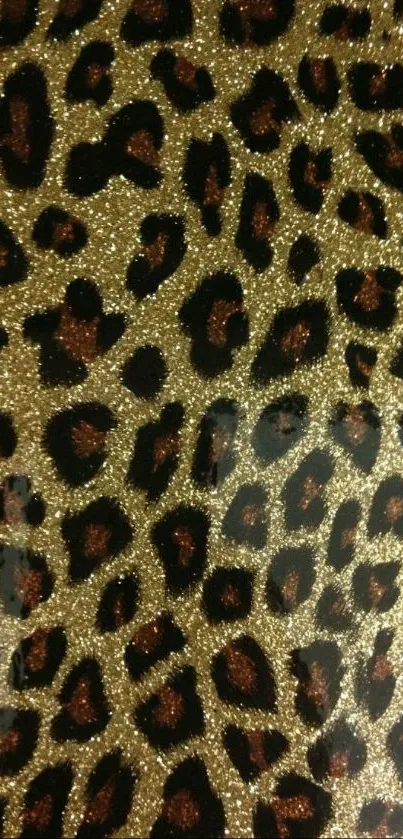 Glittery leopard print wallpaper with gold and black patterns.