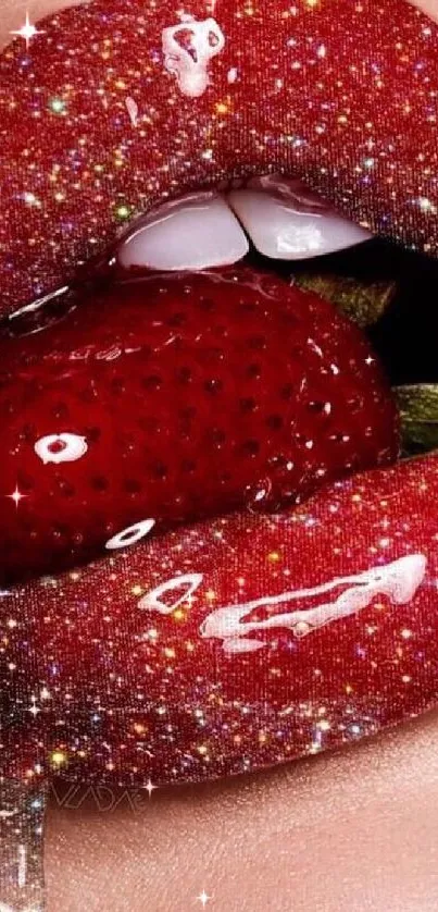 Glittery red lips holding a strawberry with sparkling accents.