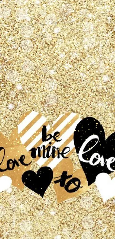 Glittery gold wallpaper with love hearts.