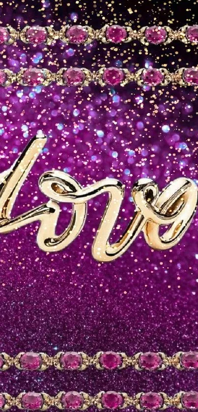 Mobile wallpaper with pink glitter and golden 'Love' script.