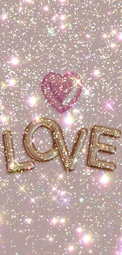 Pink glittery wallpaper with 'LOVE' text and heart.