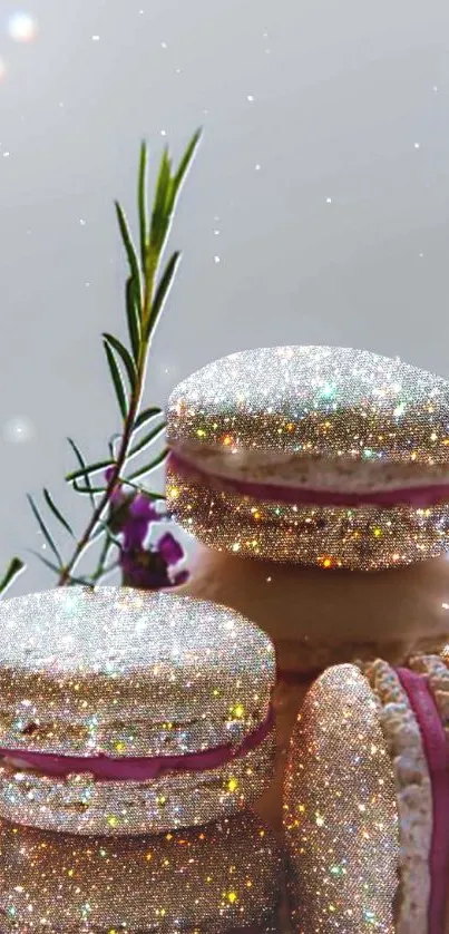 Glittery macarons with floral accents on mobile wallpaper.