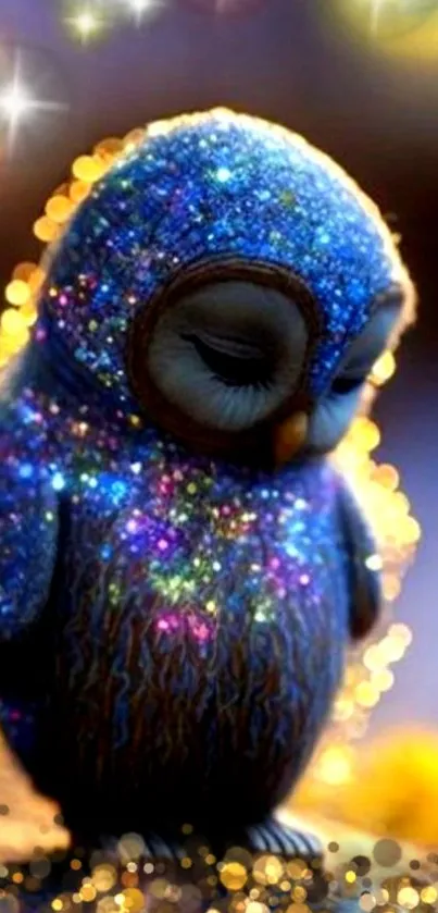 Glittery owl with colorful sparkles on dark background.