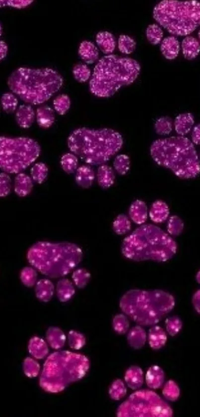 Mobile wallpaper with neon pink paw prints on a black background.