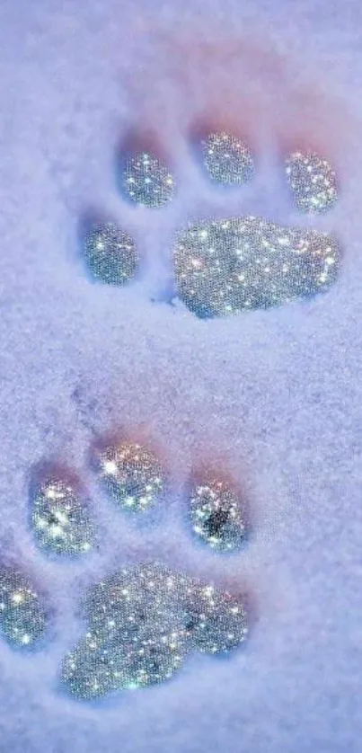 Glittery paw prints in snow create a sparkling mobile wallpaper design.