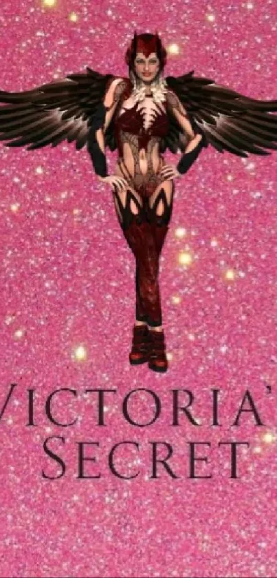 Glittery pink wallpaper with winged figure and Victoria's Secret text.