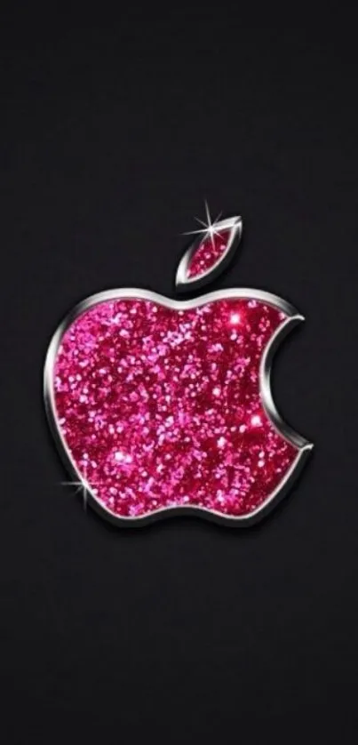 Glittery pink Apple logo on black background wallpaper.