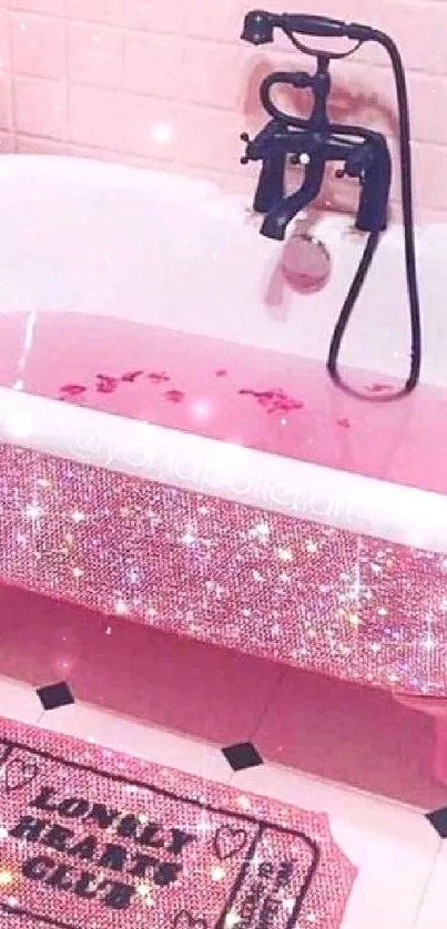 A glittery pink bathtub in a stylish bathroom with sparkle aesthetic.