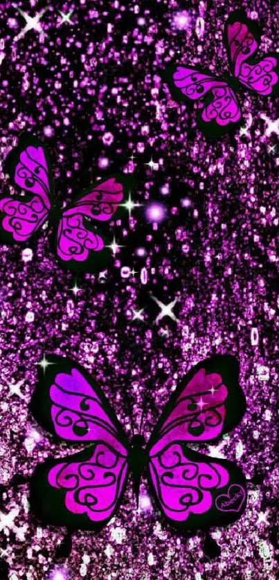 Vibrant pink butterfly wallpaper with glittery background.