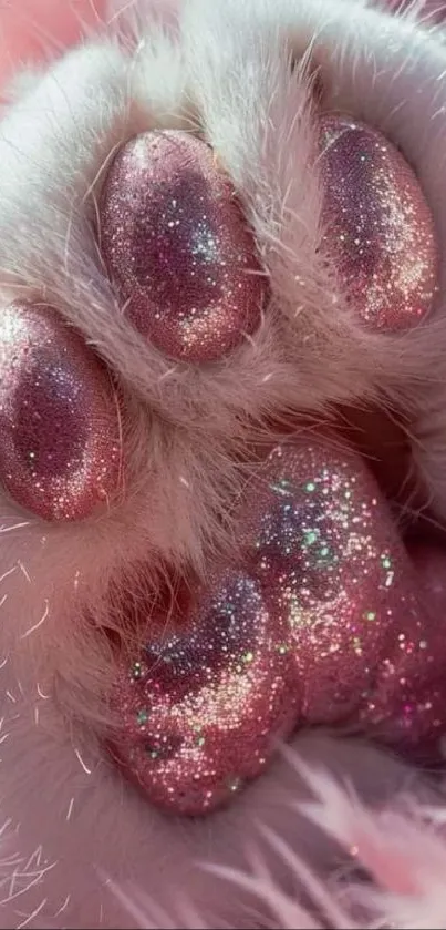 Close-up of a glittery pink cat paw with soft fur in artistic style.