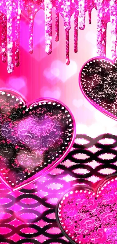 Vibrant glittery pink heart with black lace design wallpaper.