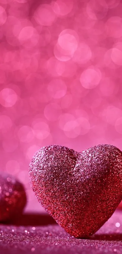 Glittery pink heart on pink background with sparkle.