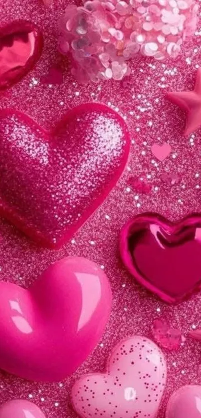 Glittery pink hearts with shimmering accents