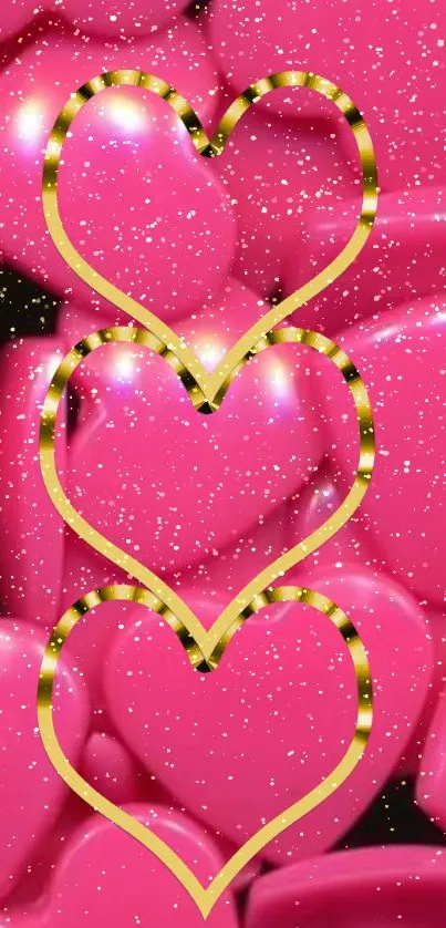 Three glittery hearts with golden outlines on a pink background.