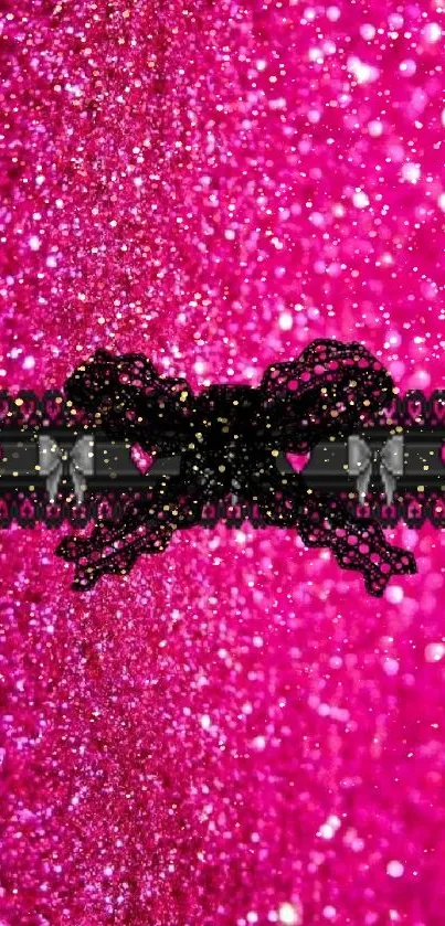 Vibrant pink glitter wallpaper with black lace ribbon detail.