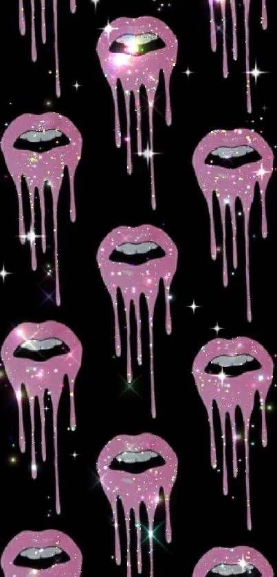 Glittery pink dripping lips on black wallpaper.