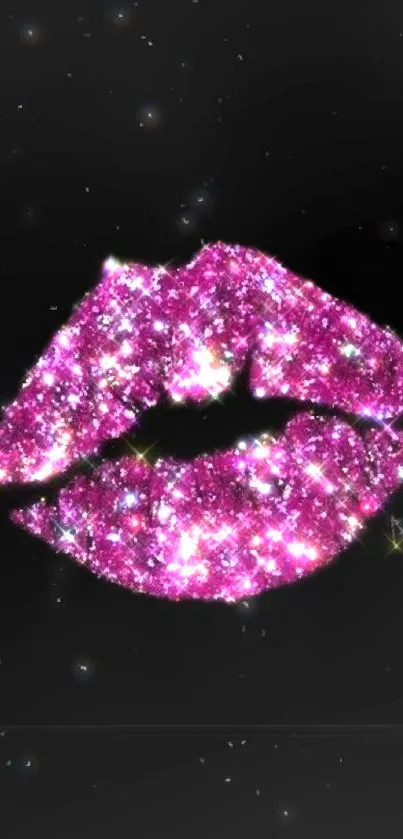 Glittery pink lips on a dark backdrop with sparkling effects.