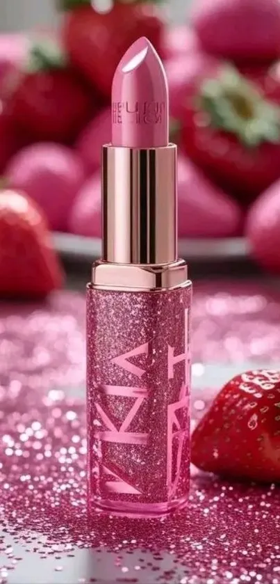 Pink lipstick with glitter and strawberries.