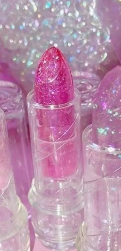 Sparkling pink lipstick with glitter and a vibrant background.